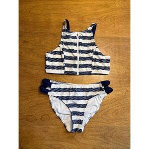 Venus Kids High Neck Zip Front Sailboat Stripe Bikini Set Navy White Size 12